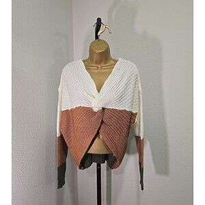 Chunky Knit Cream Tan Green Twist Crop Sweater Womens Lg Deep V Colorblock Boho